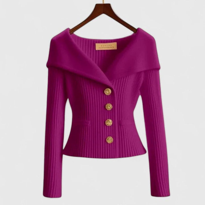 Women's Elegant Cardigan Off-Shoulder Ribbed Knit Gold-Button Top - Purple