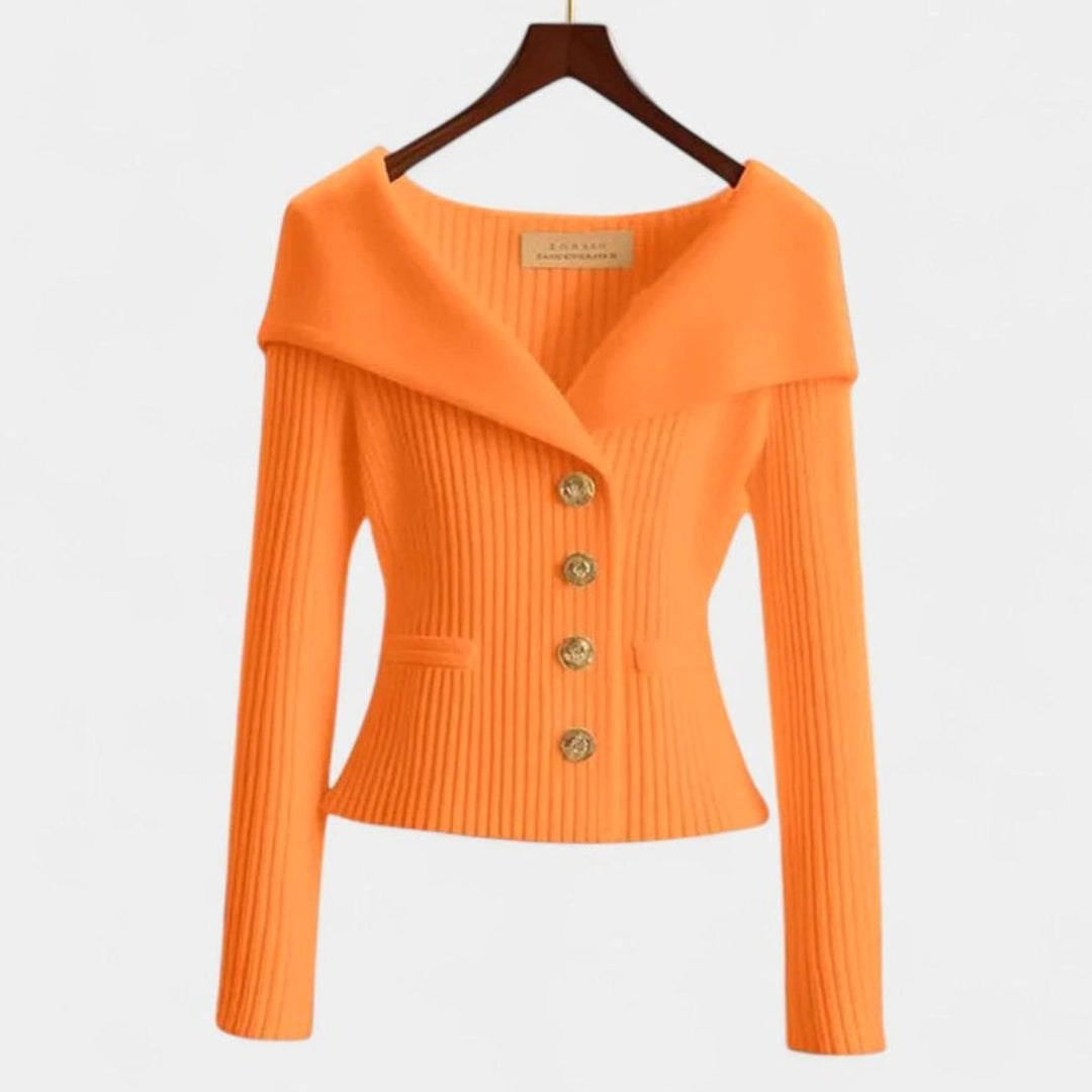 Women's Elegant Cardigan Off-Shoulder Ribbed Knit Gold-Button Top - Orange