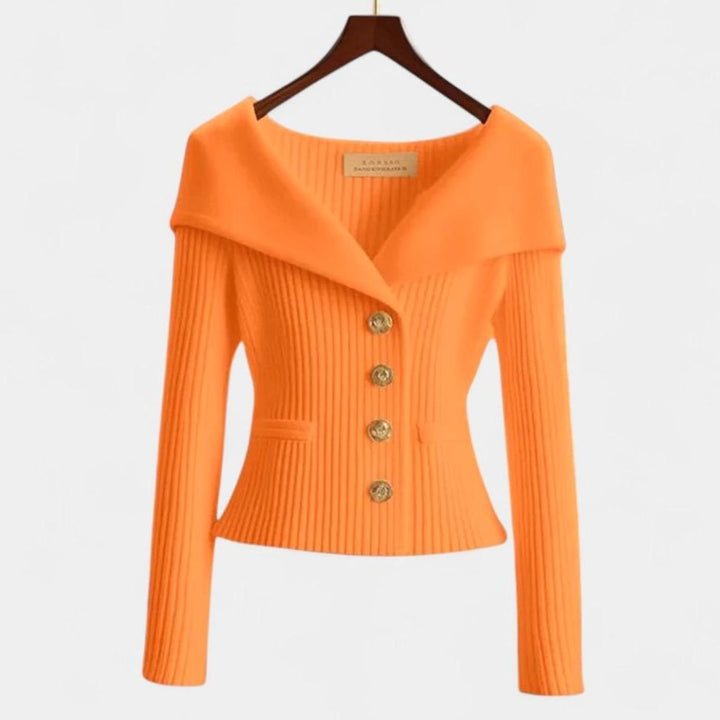 Women's Elegant Cardigan Off-Shoulder Ribbed Knit Gold-Button Top - Orange