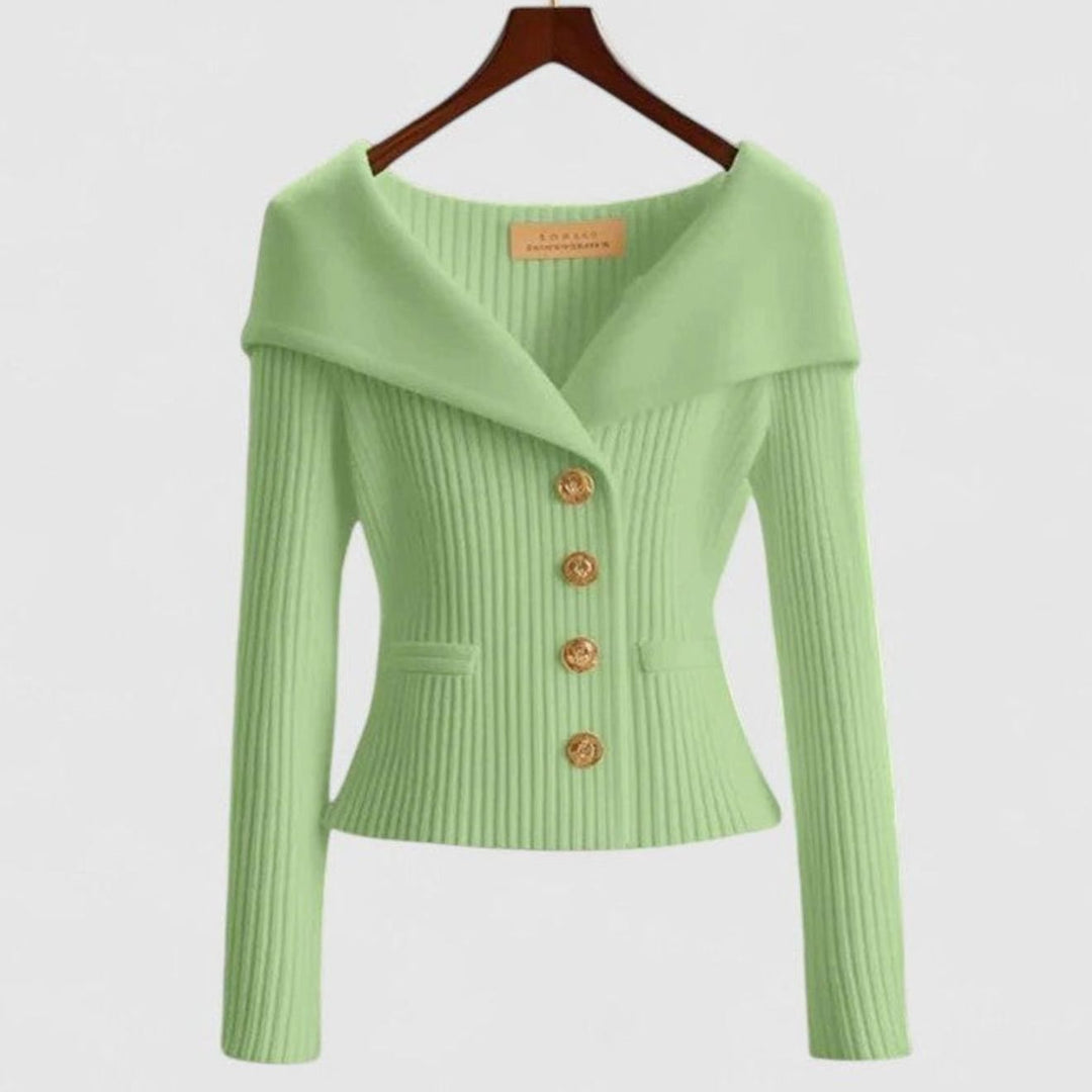 Women's Elegant Cardigan Off-Shoulder Ribbed Knit Gold-Button Top - Green