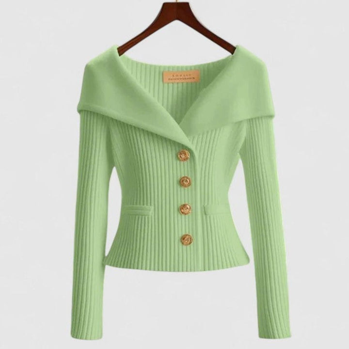 Women's Elegant Cardigan Off-Shoulder Ribbed Knit Gold-Button Top - Green