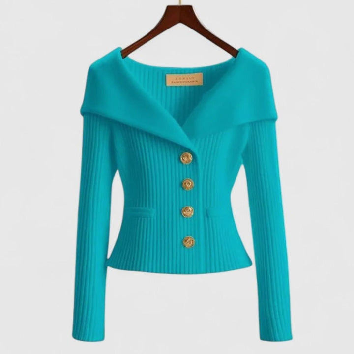 Women's Elegant Cardigan Off-Shoulder Ribbed Knit Gold-Button Top - Blue