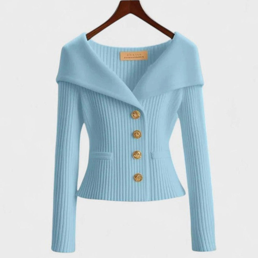 Women's Elegant Cardigan Off-Shoulder Ribbed Knit Gold-Button Top - Sky Blue