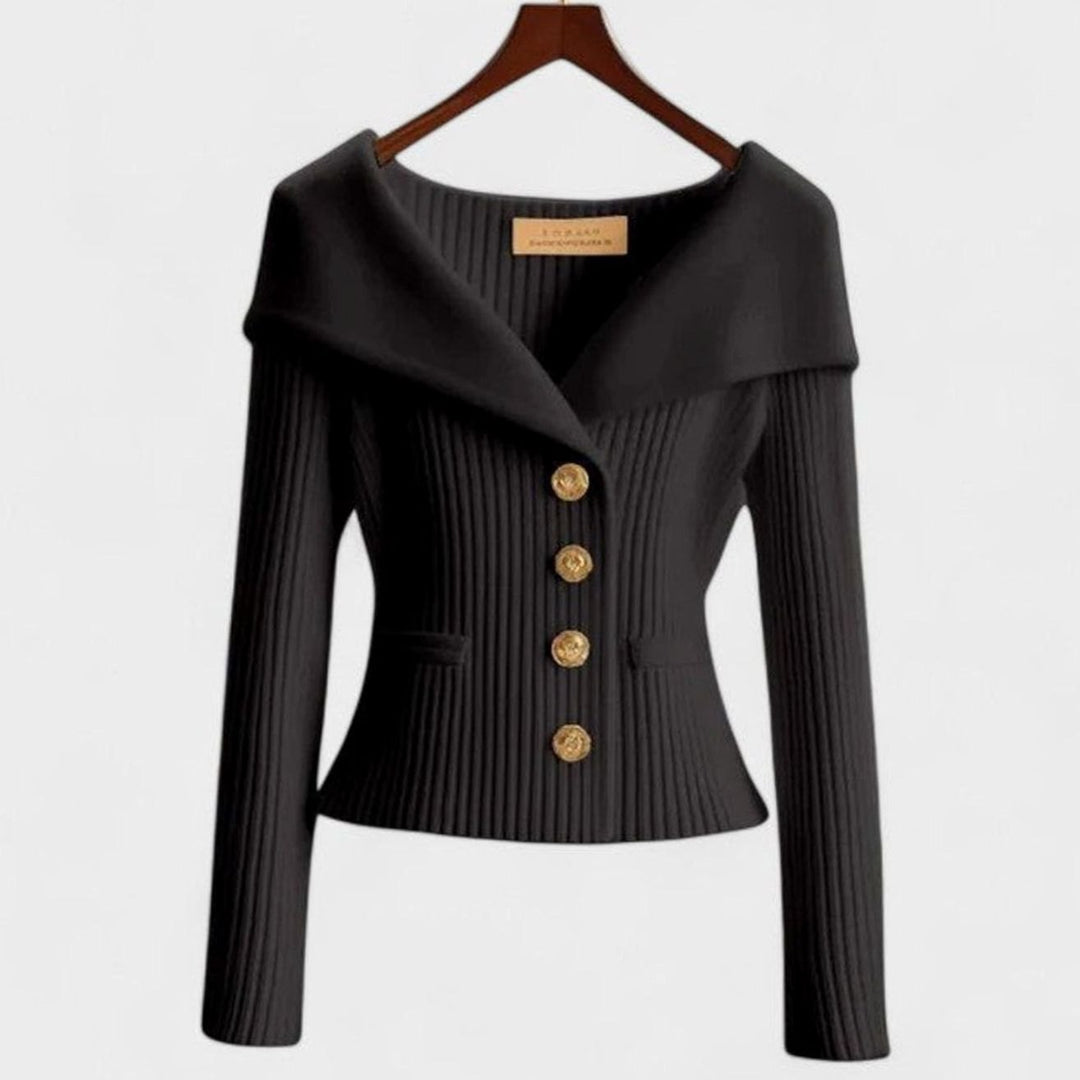 Women's Elegant Cardigan Off-Shoulder Ribbed Knit Gold-Button Top - Black