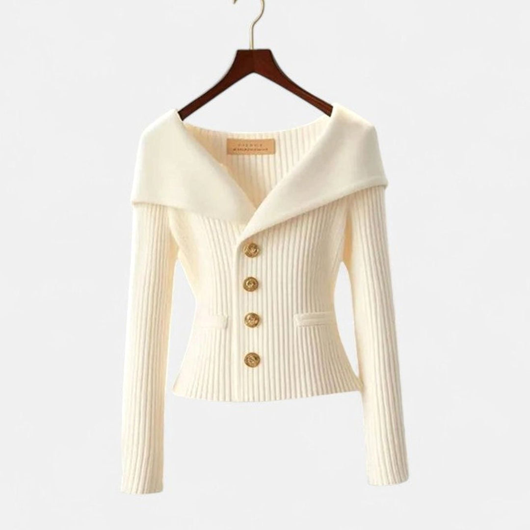 Women's Elegant Cardigan Off-Shoulder Ribbed Knit Gold-Button Top - White