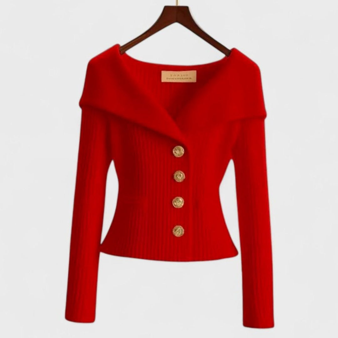 Women's Elegant Cardigan Off-Shoulder Ribbed Knit Gold-Button Top - Red