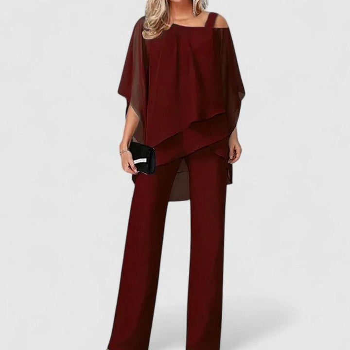Women's Elegant Chiffon Overlay Two-Piece Dressy Pant Set - Wine Red