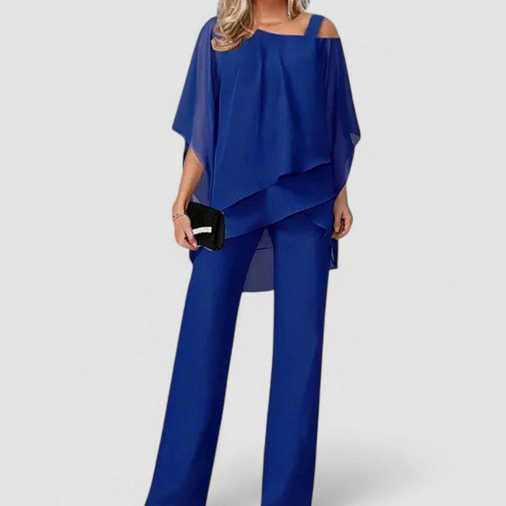 Women's Elegant Chiffon Overlay Two-Piece Dressy Pant Set - Sapphire Blue