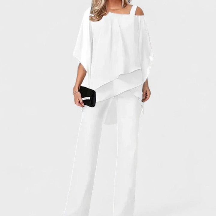 Women's Elegant Chiffon Overlay Two-Piece Dressy Pant Set - White
