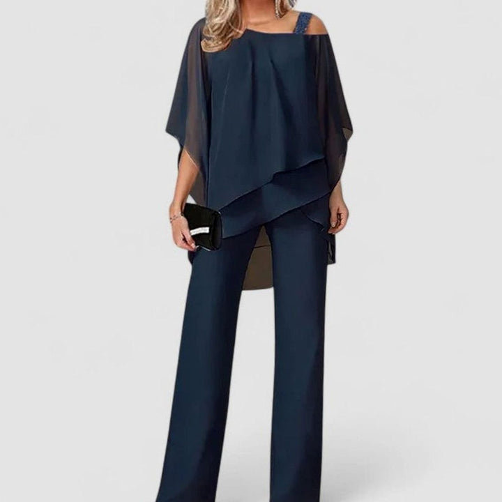 Women's Elegant Chiffon Overlay Two-Piece Dressy Pant Set - Dark Blue