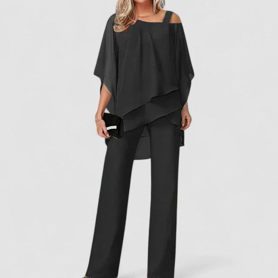 Women's Elegant Chiffon Overlay Two-Piece Dressy Pant Set - Black