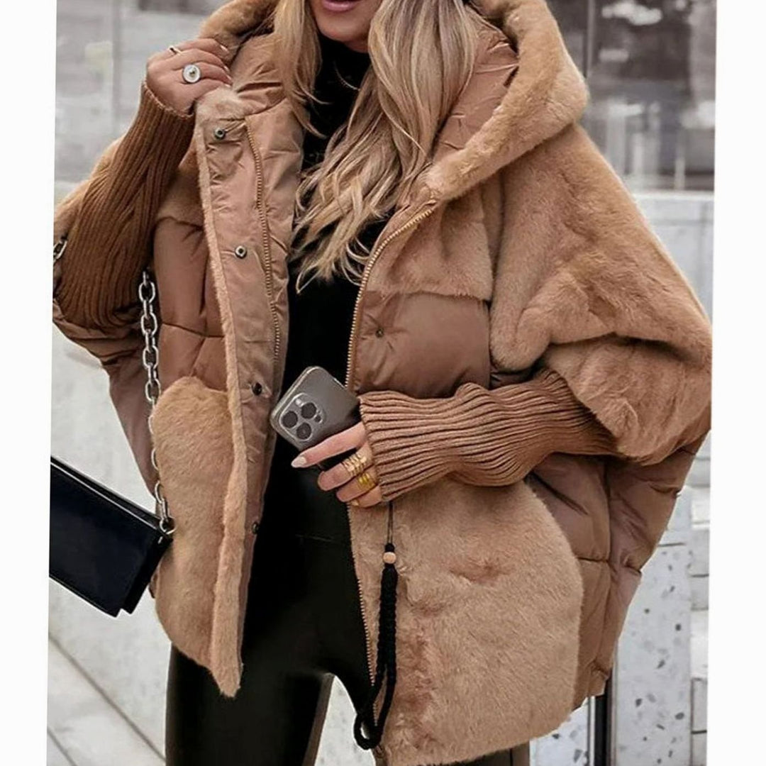 Women's Elegant Faux Fur Hooded Puffer Jacket - Dark Khaki