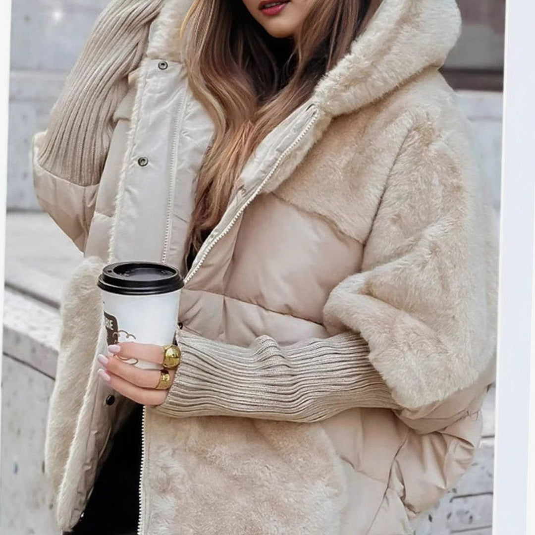 Women's Elegant Faux Fur Hooded Puffer Jacket - Beige