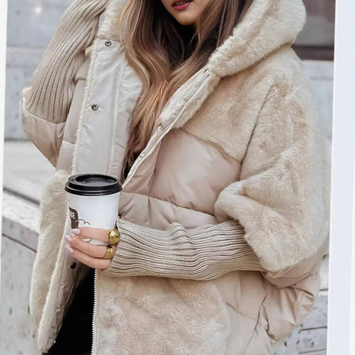 Women's Elegant Faux Fur Hooded Puffer Jacket - Beige