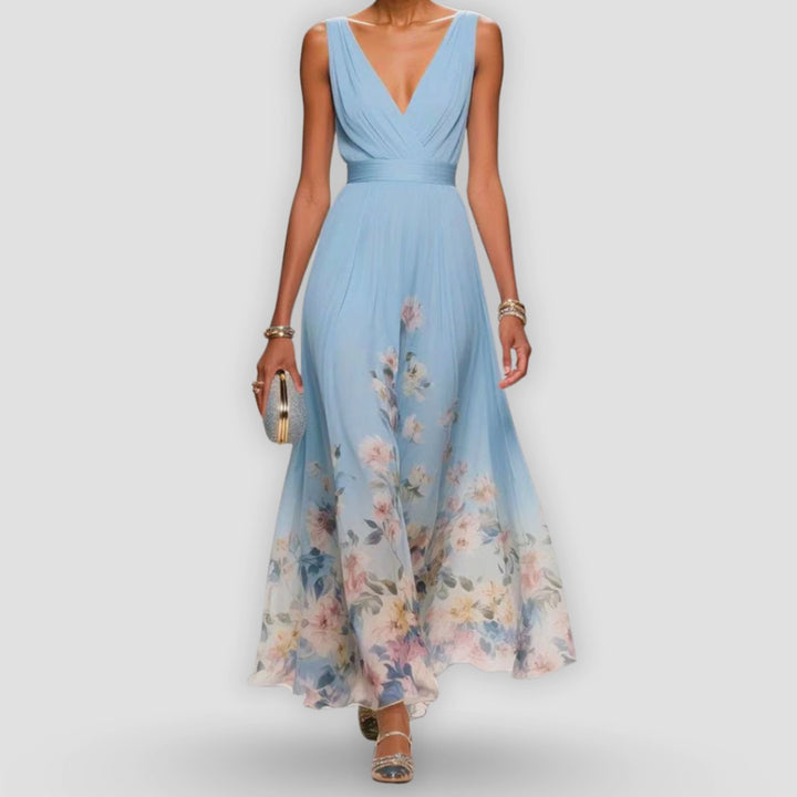 Women's Elegant Floral Border V-Neck Maxi Dress - Light Blue