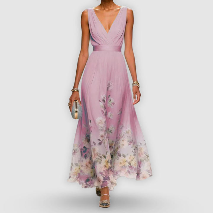 Women's Elegant Floral Border V-Neck Maxi Dress - Pink