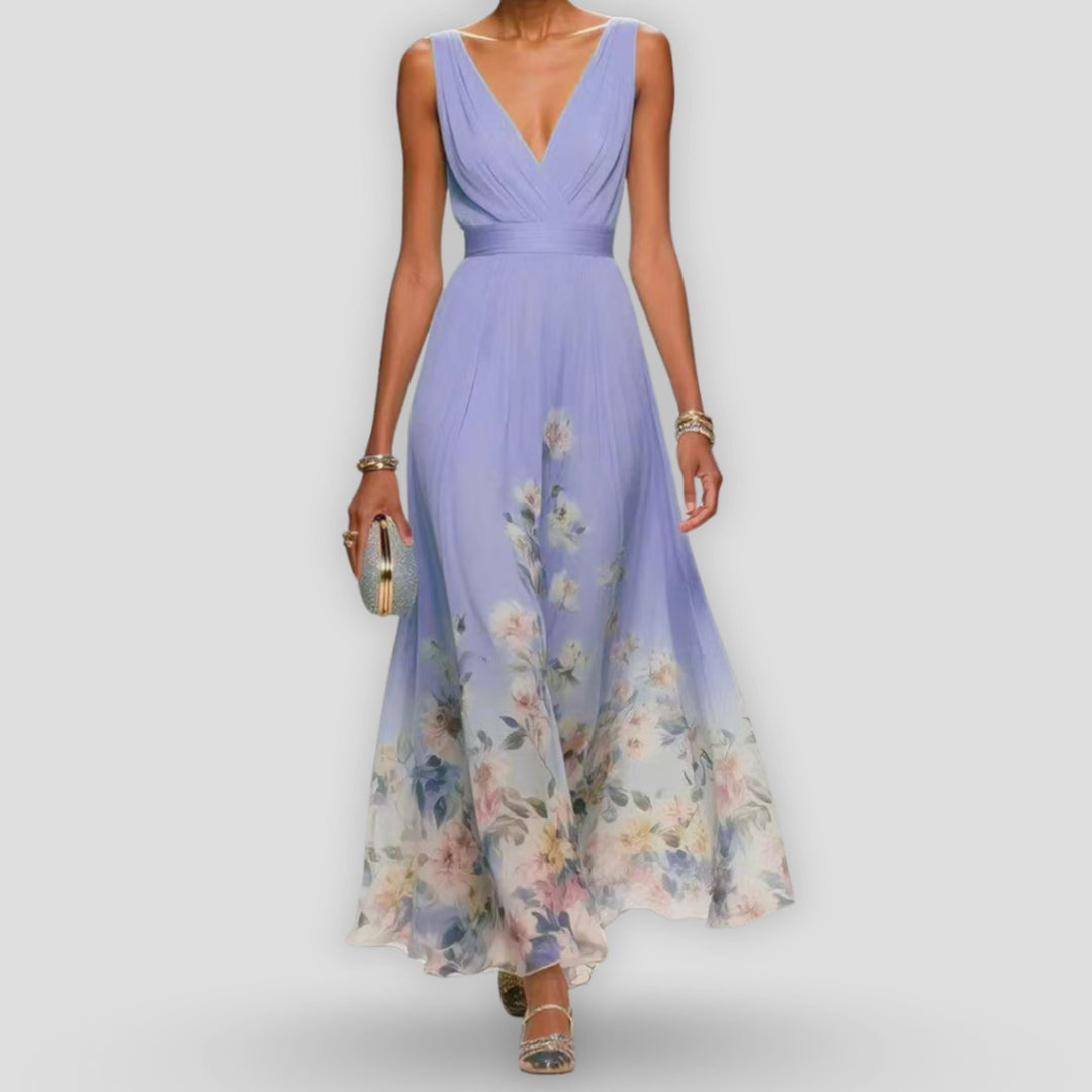 Women's Elegant Floral Border V-Neck Maxi Dress - Purple