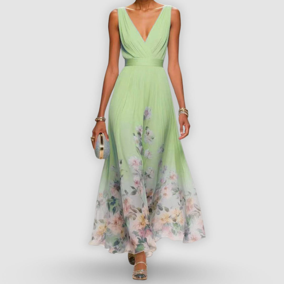 Women's Elegant Floral Border V-Neck Maxi Dress - Mint Green