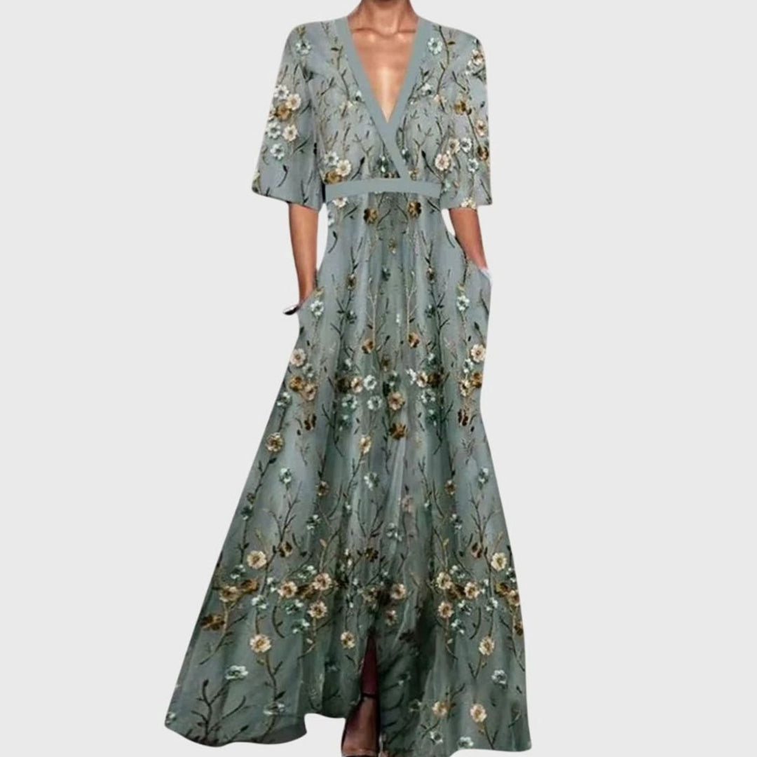 Women's Elegant Floral Formal Gown Deep V-Neck Flared Maxi Dress - Green