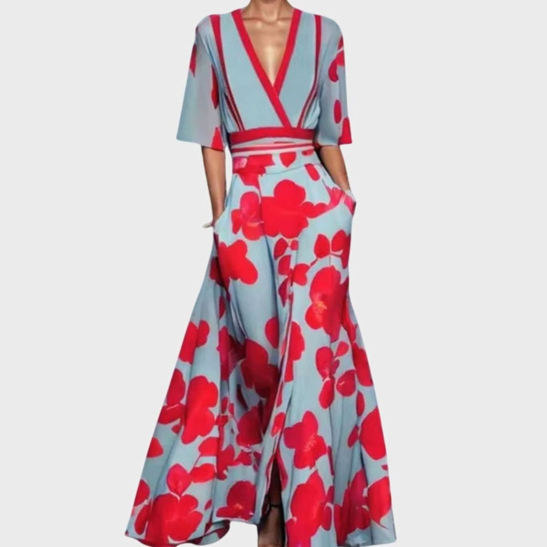Women's Elegant Floral Formal Gown Deep V-Neck Flared Maxi Dress - Red