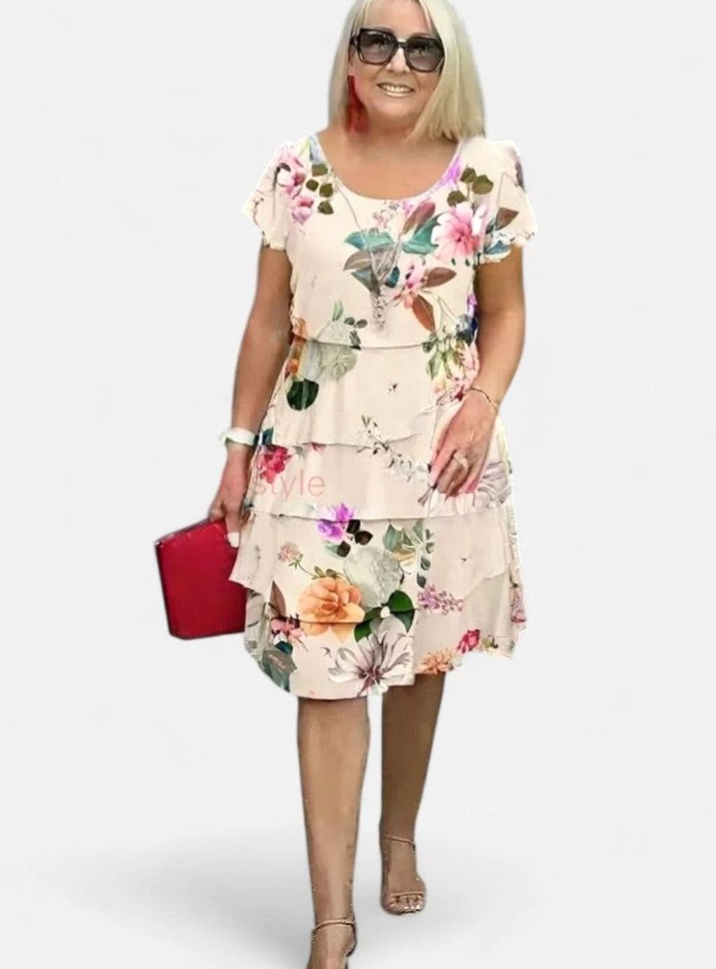 Women's Elegant Floral Tiered Short-Sleeve Midi Dress