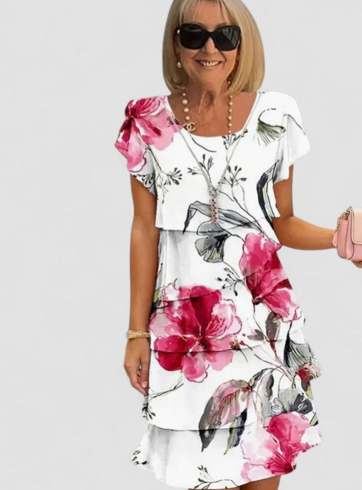 Women's Elegant Floral Tiered Short-Sleeve Midi Dress - White