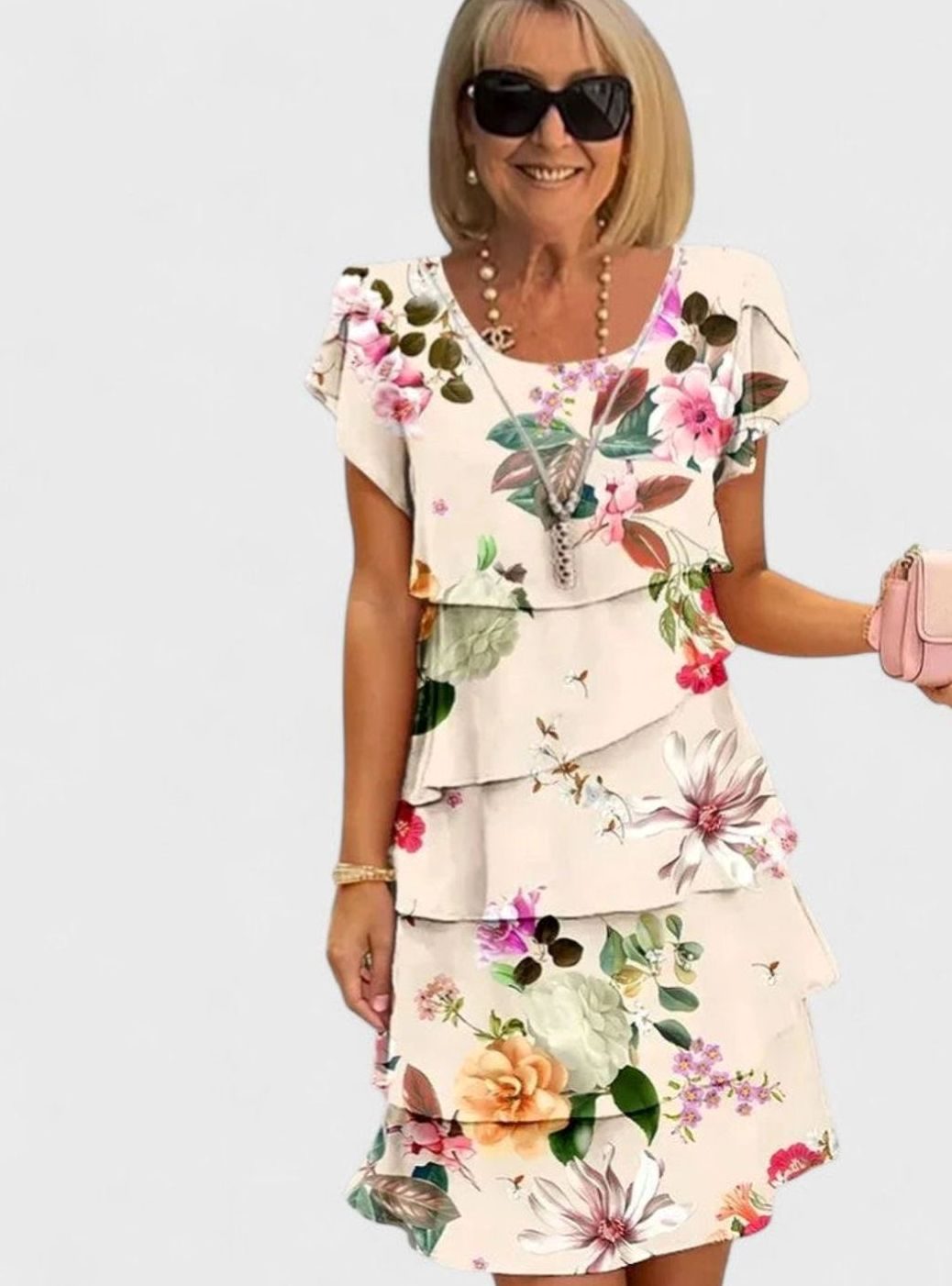 Women's Elegant Floral Tiered Short-Sleeve Midi Dress - Beige