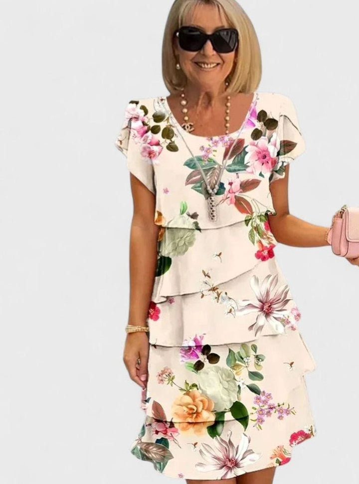 Women's Elegant Floral Tiered Short-Sleeve Midi Dress - Beige