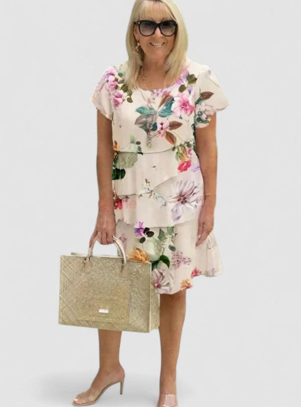 Women's Elegant Floral Tiered Short-Sleeve Midi Dress
