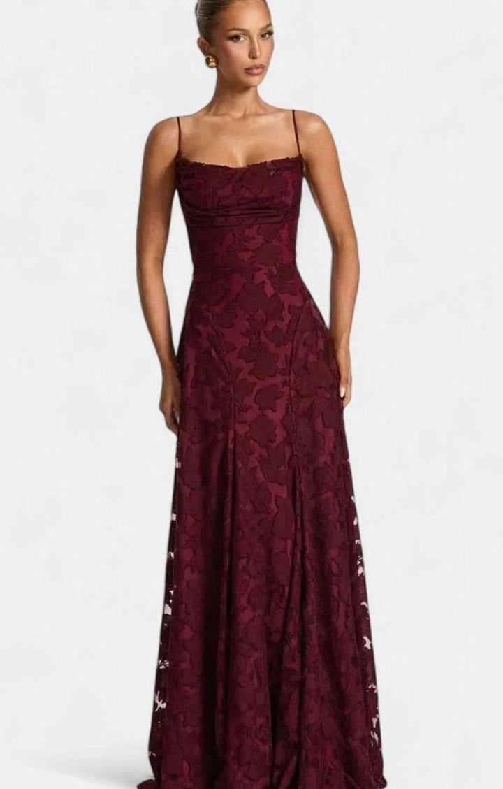 Women's Elegant Formal Maxi Dress Cowl-Neck Lace-Up Back - Cherry