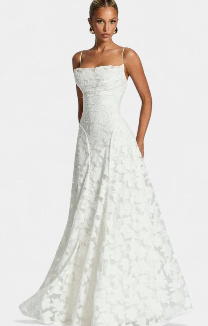 Women's Elegant Formal Maxi Dress Cowl-Neck Lace-Up Back - Ivory
