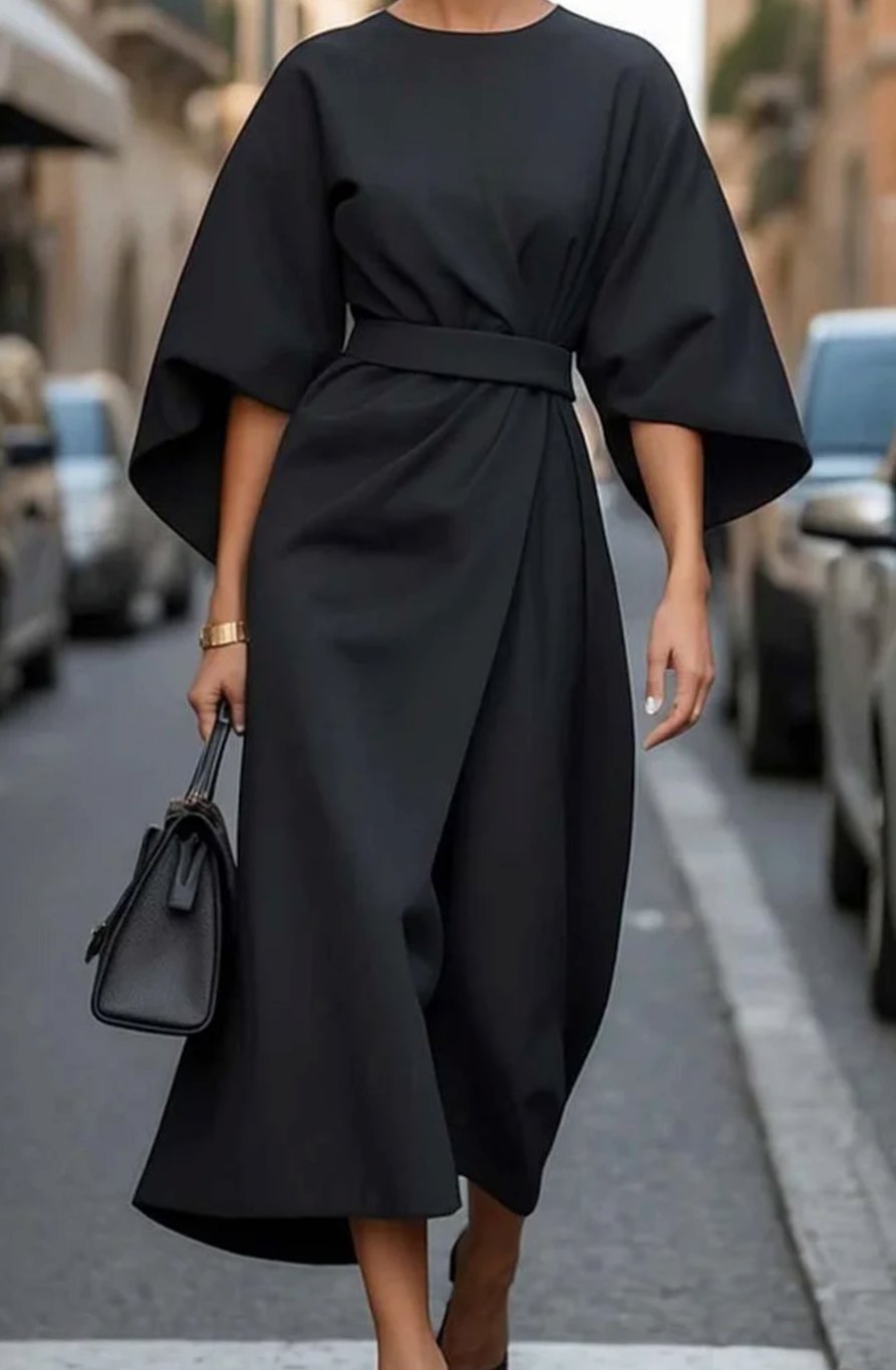 Women's Elegant Lantern Sleeve Dress Belted Midi