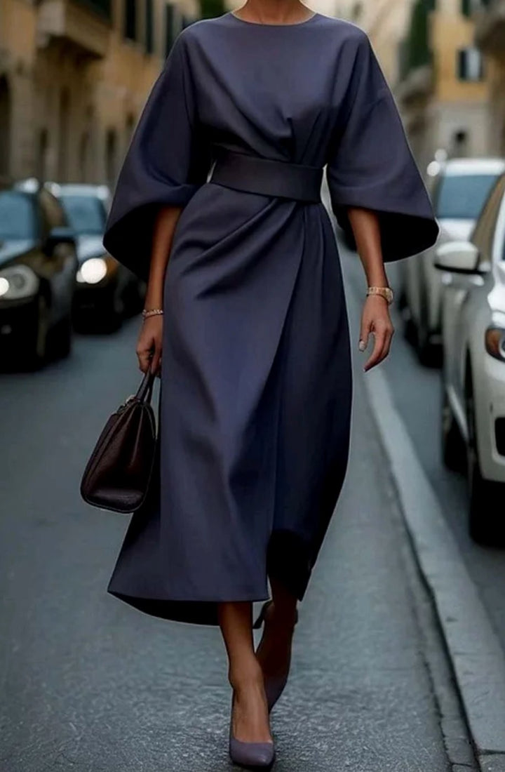 Women's Elegant Lantern Sleeve Dress Belted Midi - Navy Blue