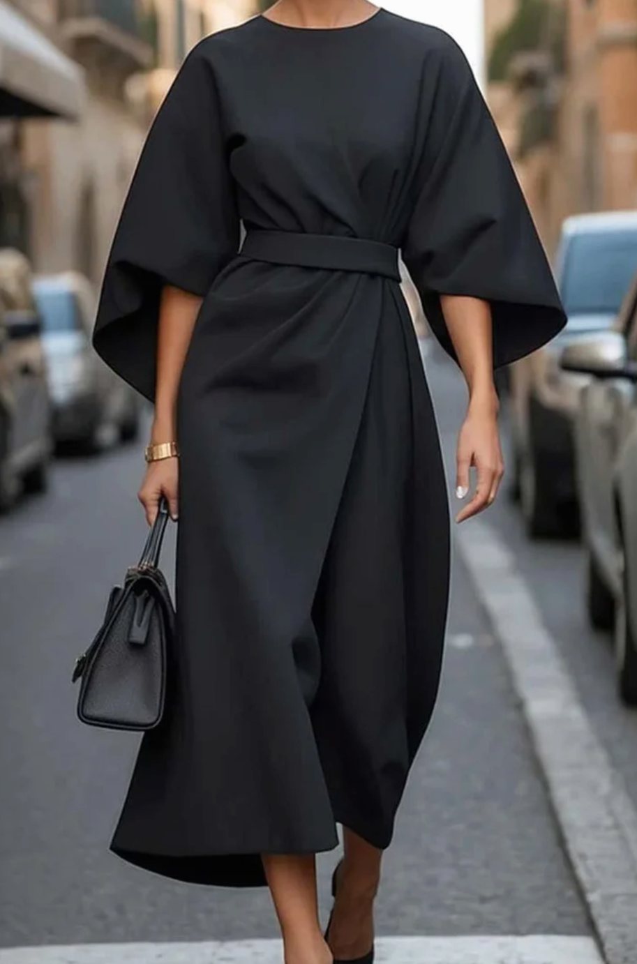 Women's Elegant Lantern Sleeve Dress Belted Midi - Black