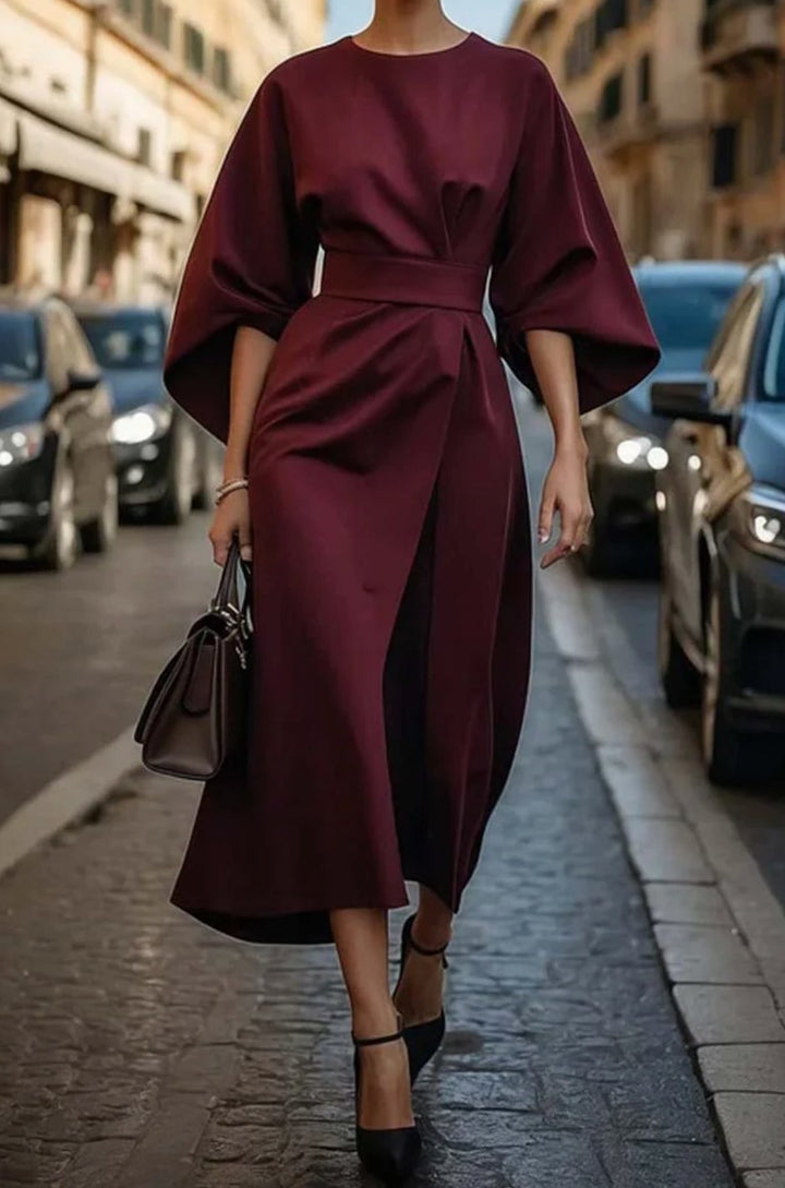 Women's Elegant Lantern Sleeve Dress Belted Midi - Burgundy