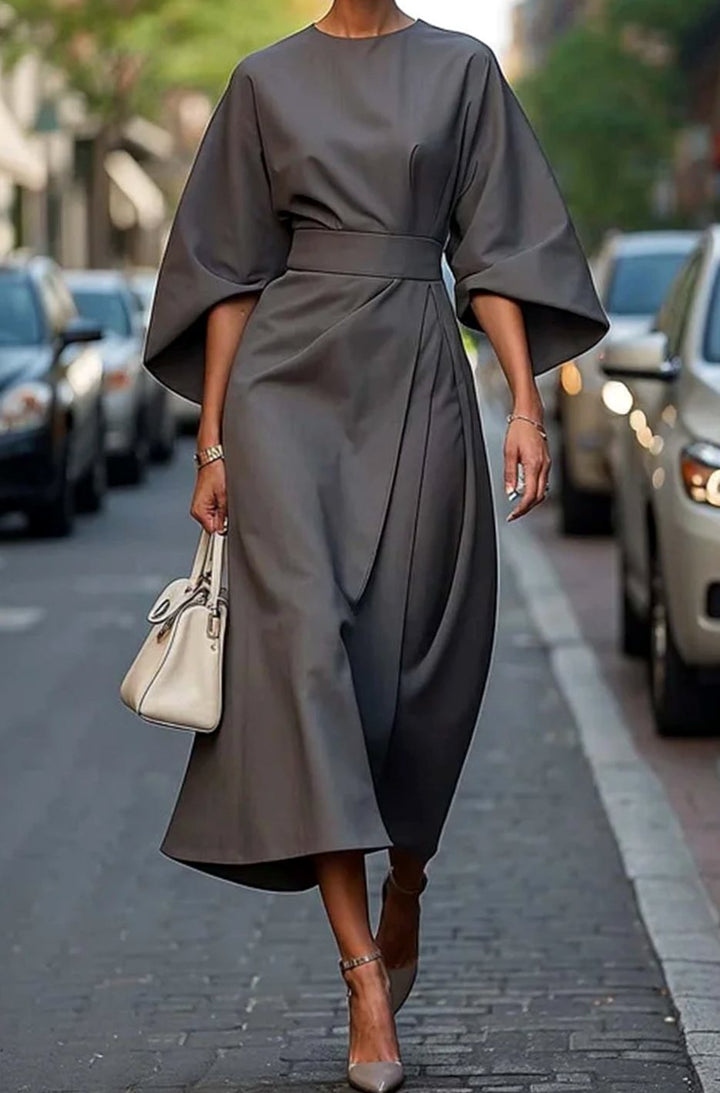 Women's Elegant Lantern Sleeve Dress Belted Midi - Gray