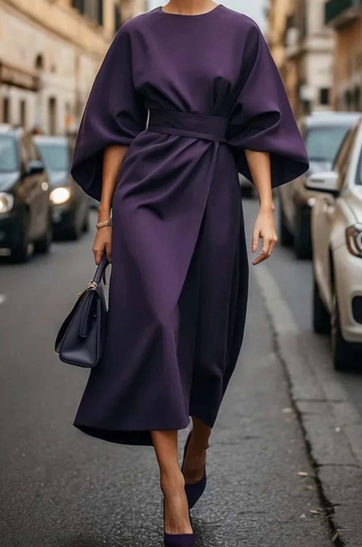 Women's Elegant Lantern Sleeve Dress Belted Midi - Violet