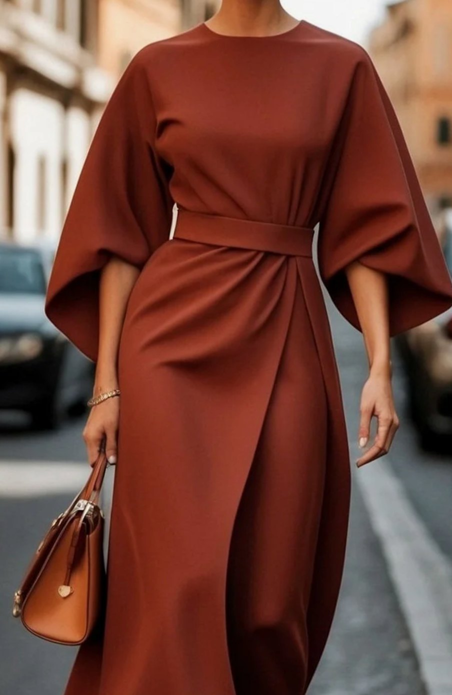 Women's Elegant Lantern Sleeve Dress Belted Midi - Rust Brown