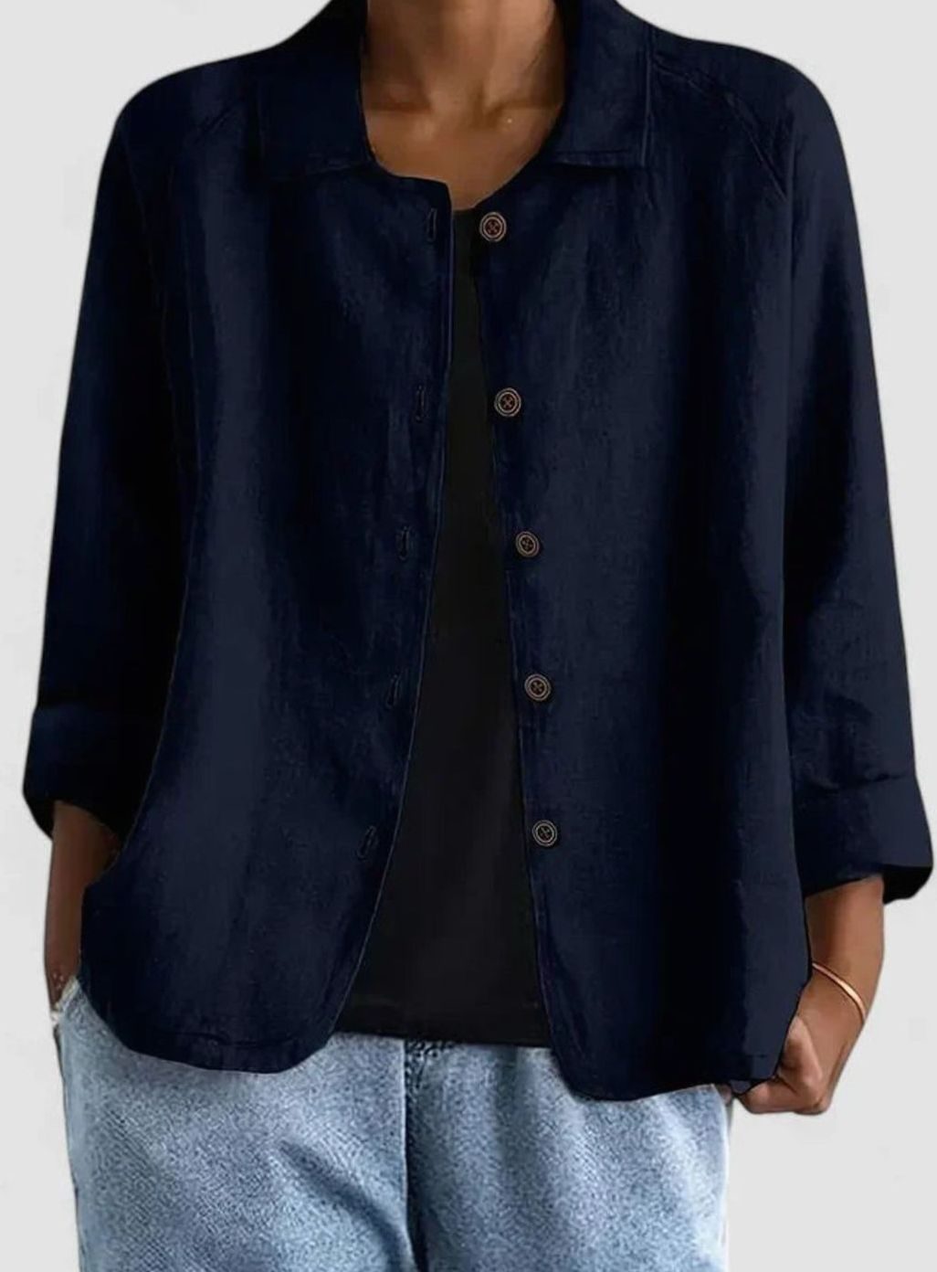 Women's Elegant Linen-Feel Button-Front Collared Top - Navy Blue
