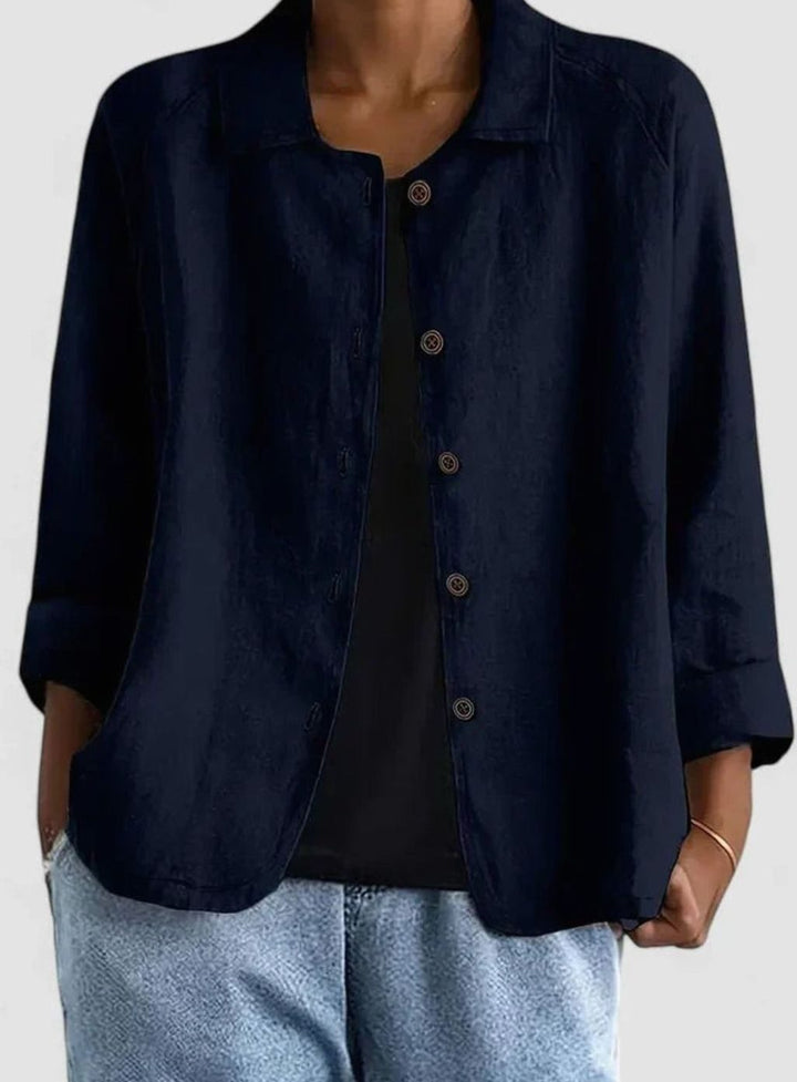 Women's Elegant Linen-Feel Button-Front Collared Top - Navy Blue