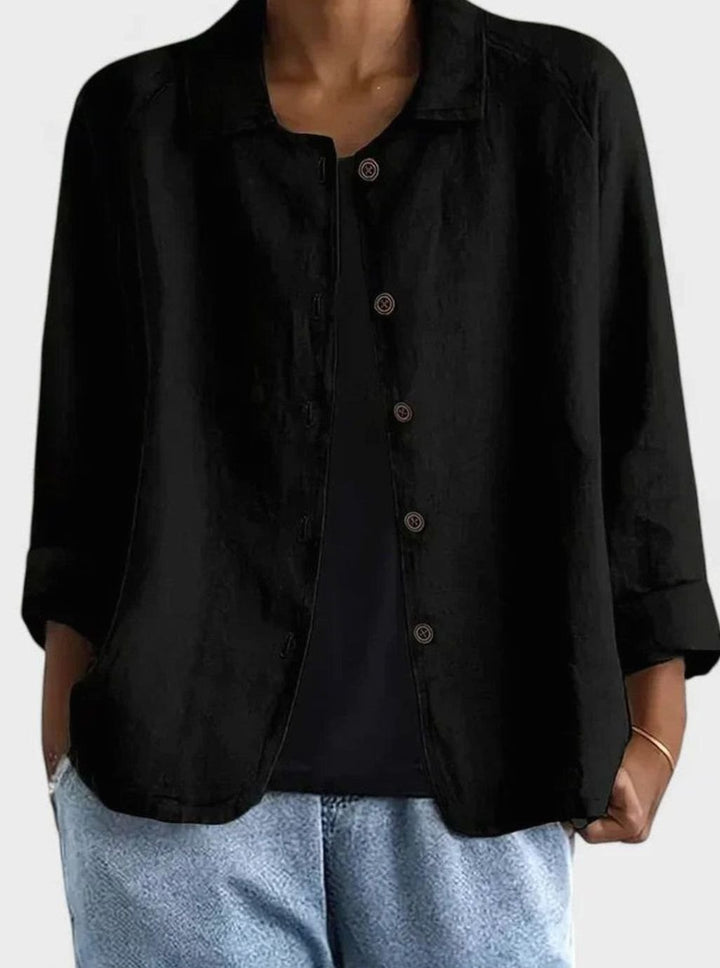 Women's Elegant Linen-Feel Button-Front Collared Top - Black