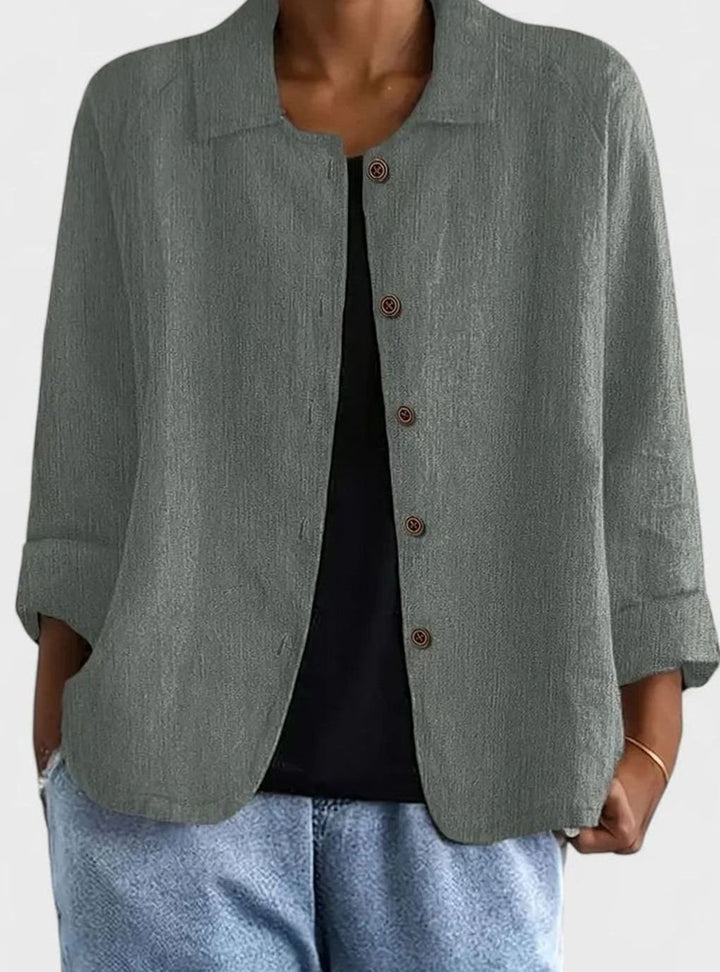 Women's Elegant Linen-Feel Button-Front Collared Top - Gray