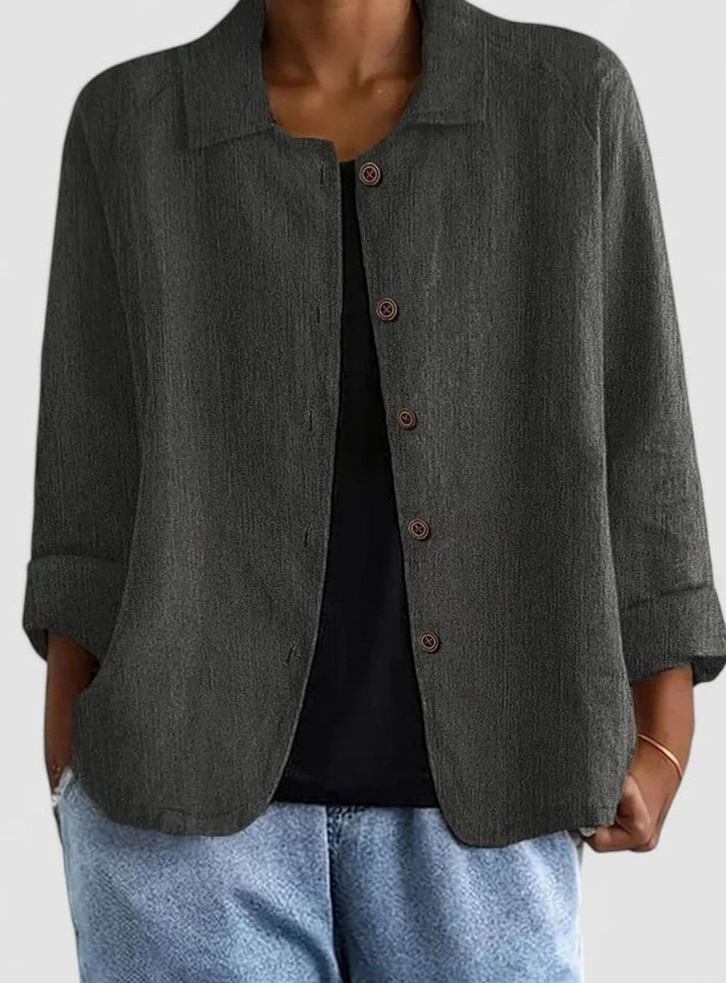 Women's Elegant Linen-Feel Button-Front Collared Top - Dark Gray