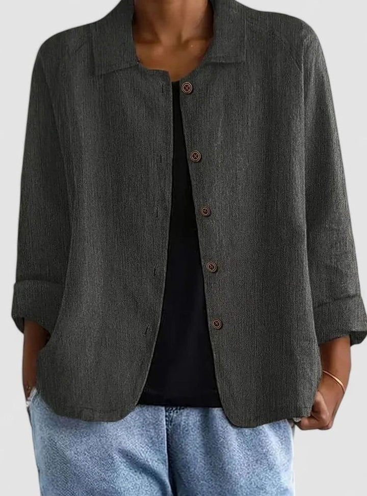 Women's Elegant Linen-Feel Button-Front Collared Top - Dark Gray