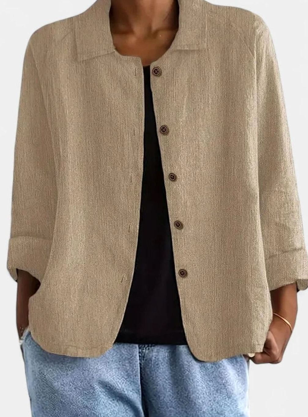 Women's Elegant Linen-Feel Button-Front Collared Top - Khaki