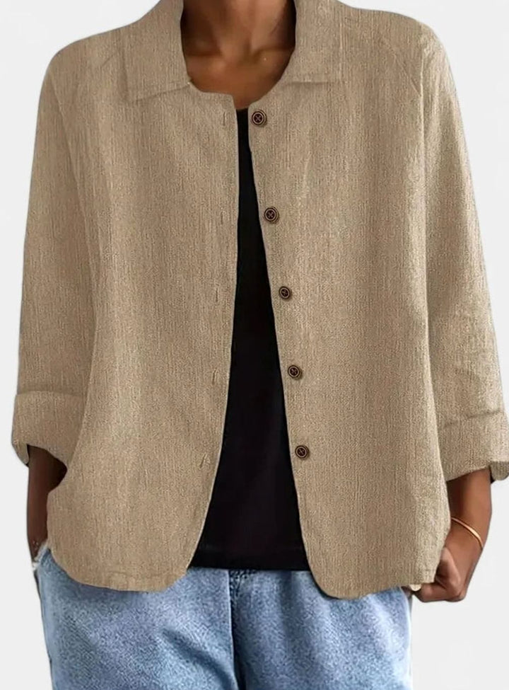 Women's Elegant Linen-Feel Button-Front Collared Top - Khaki