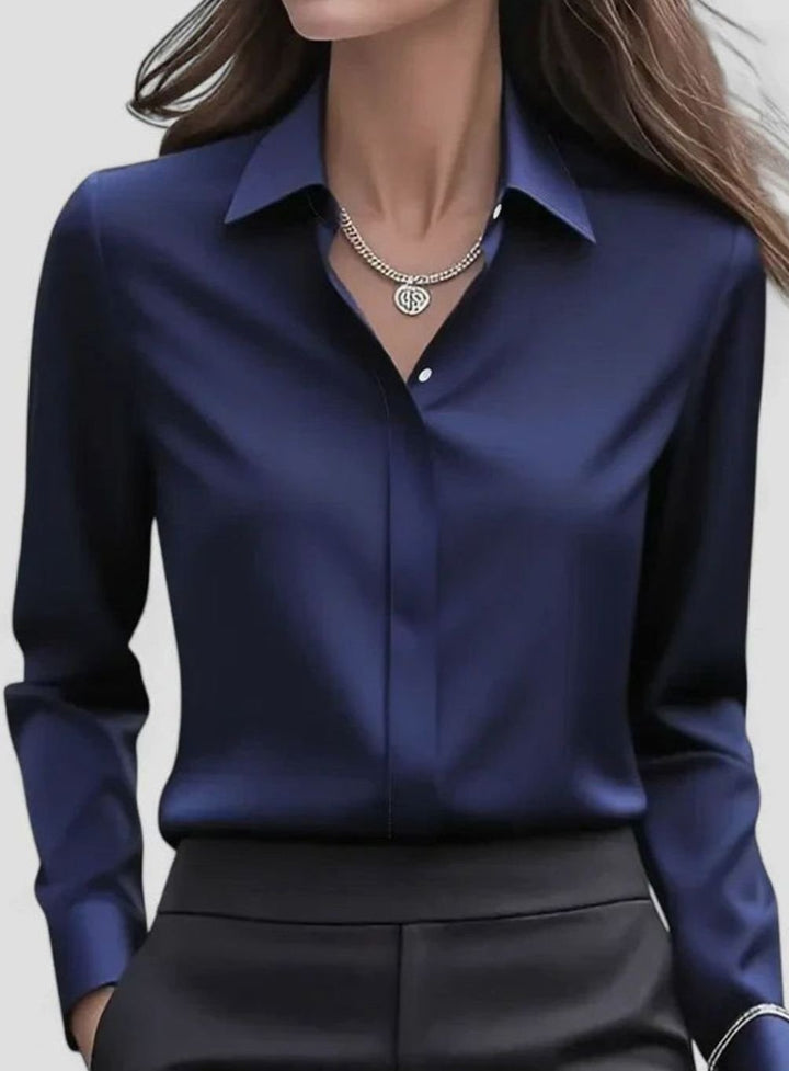 Women's Elegant Long-Sleeve Hidden-Button Collared Blouse - Navy Blue