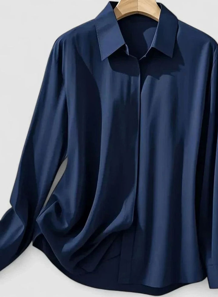 Women's Elegant Long-Sleeve Hidden-Button Collared Blouse