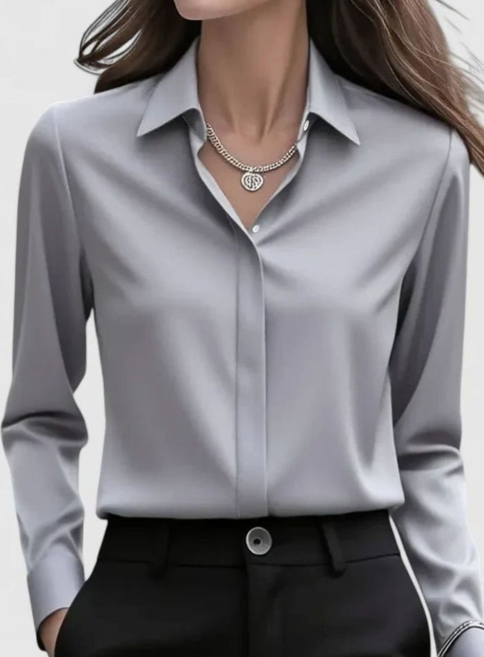 Women's Elegant Long-Sleeve Hidden-Button Collared Blouse - Gray