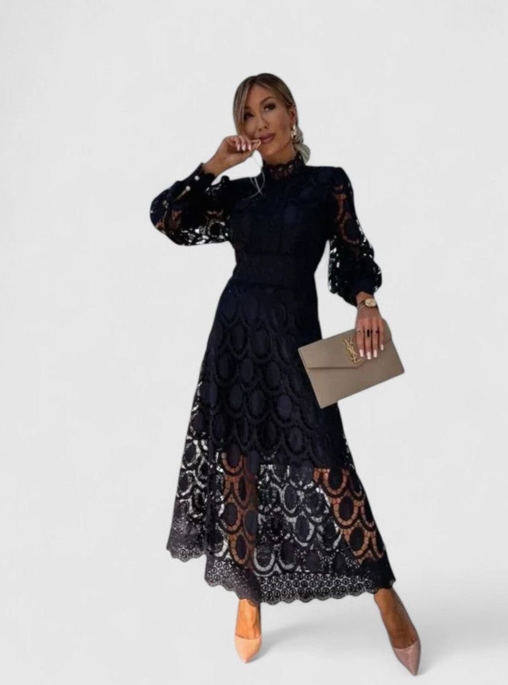 Women's Elegant Long-Sleeve Lace Midi Dress High Neck - Black